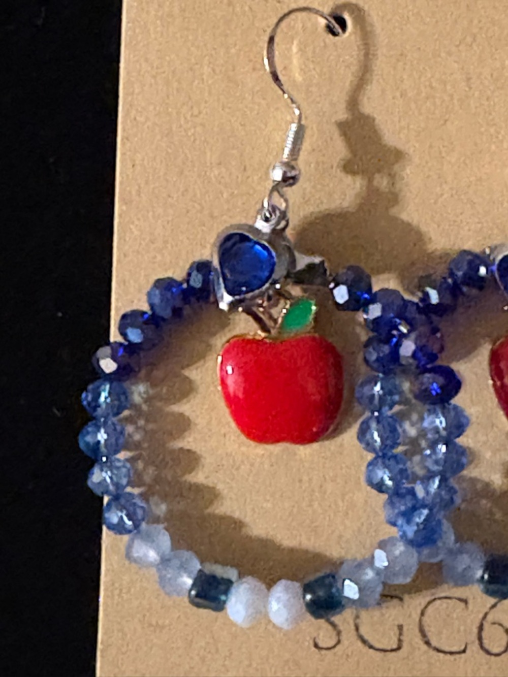 Blue Beaded Hoop Earrings with Red Apple Charm - Picture 3 of 3